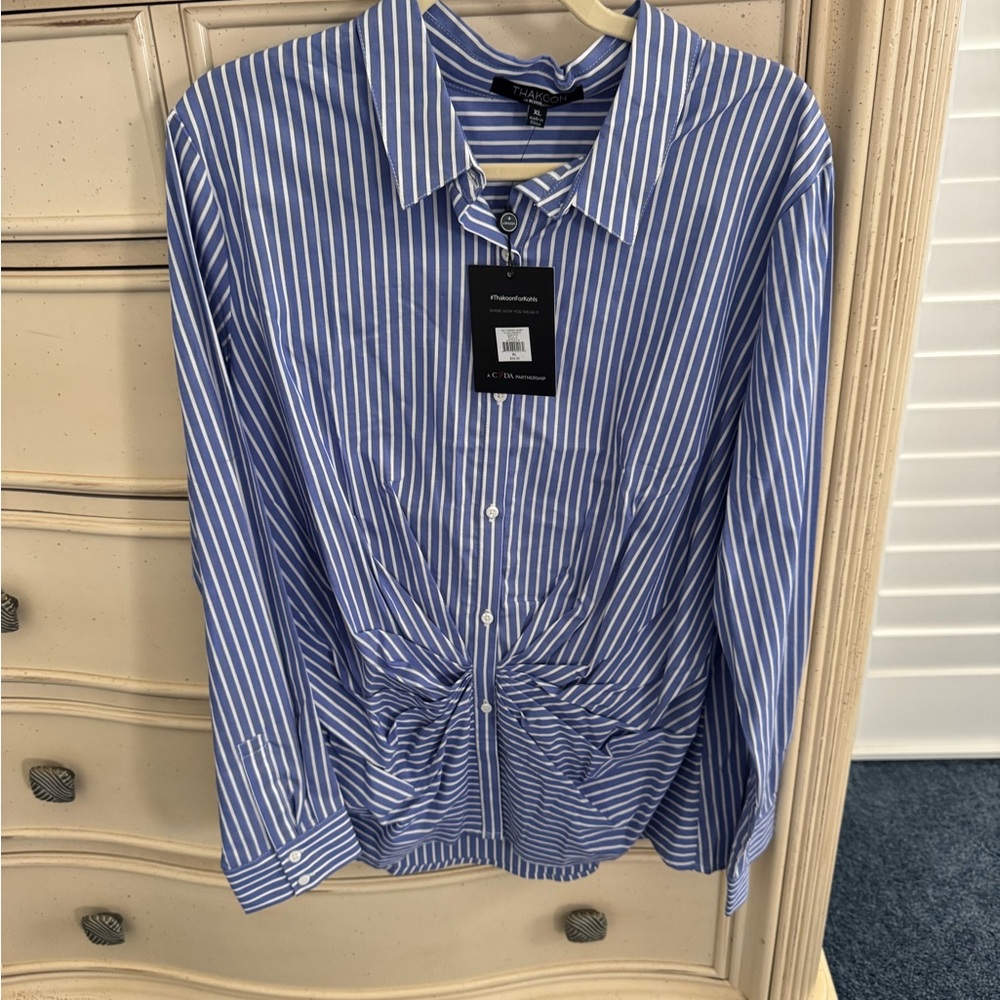 Thakoon for Kohls Blue and White Striped Blouse with Unique Front Detail